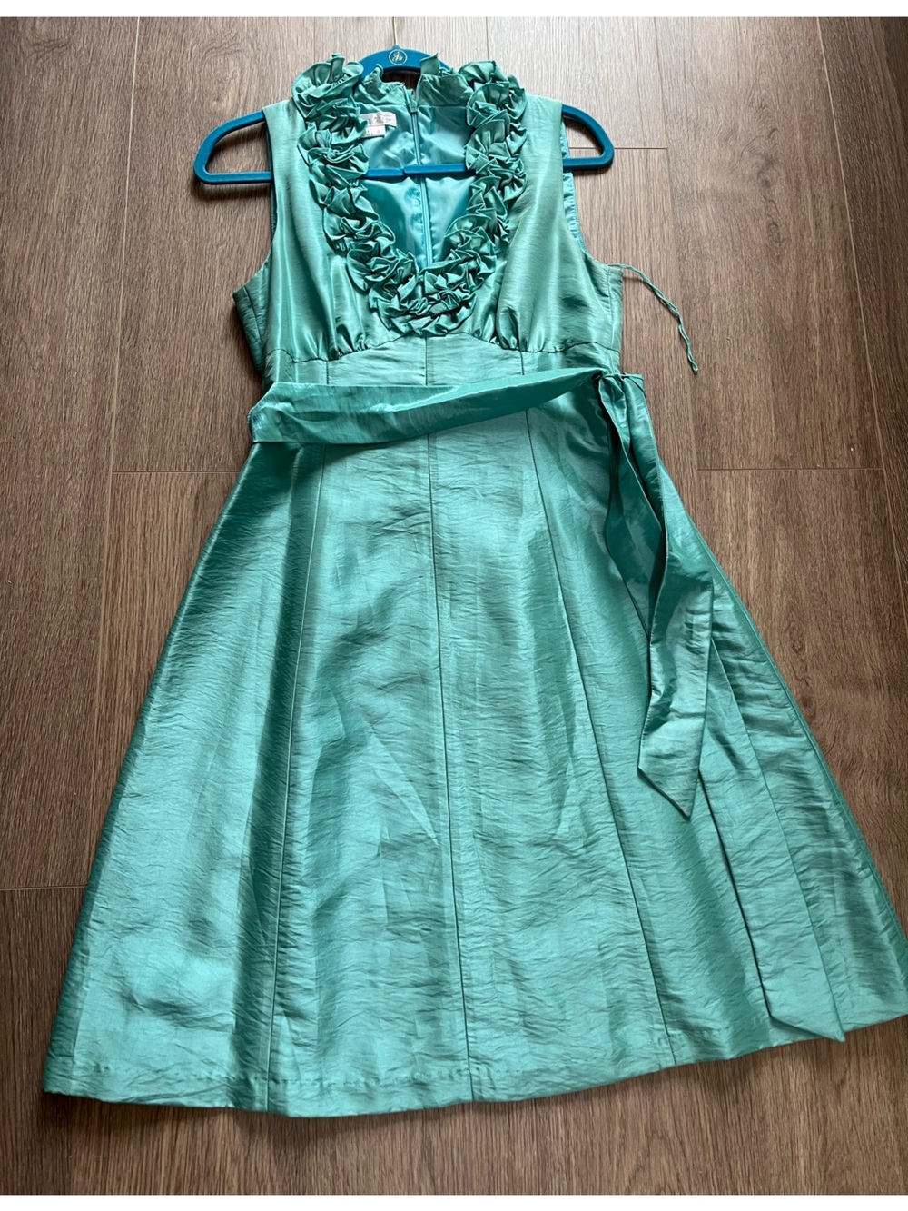 London Times Aqua Satin Dress with Ruffle Detail